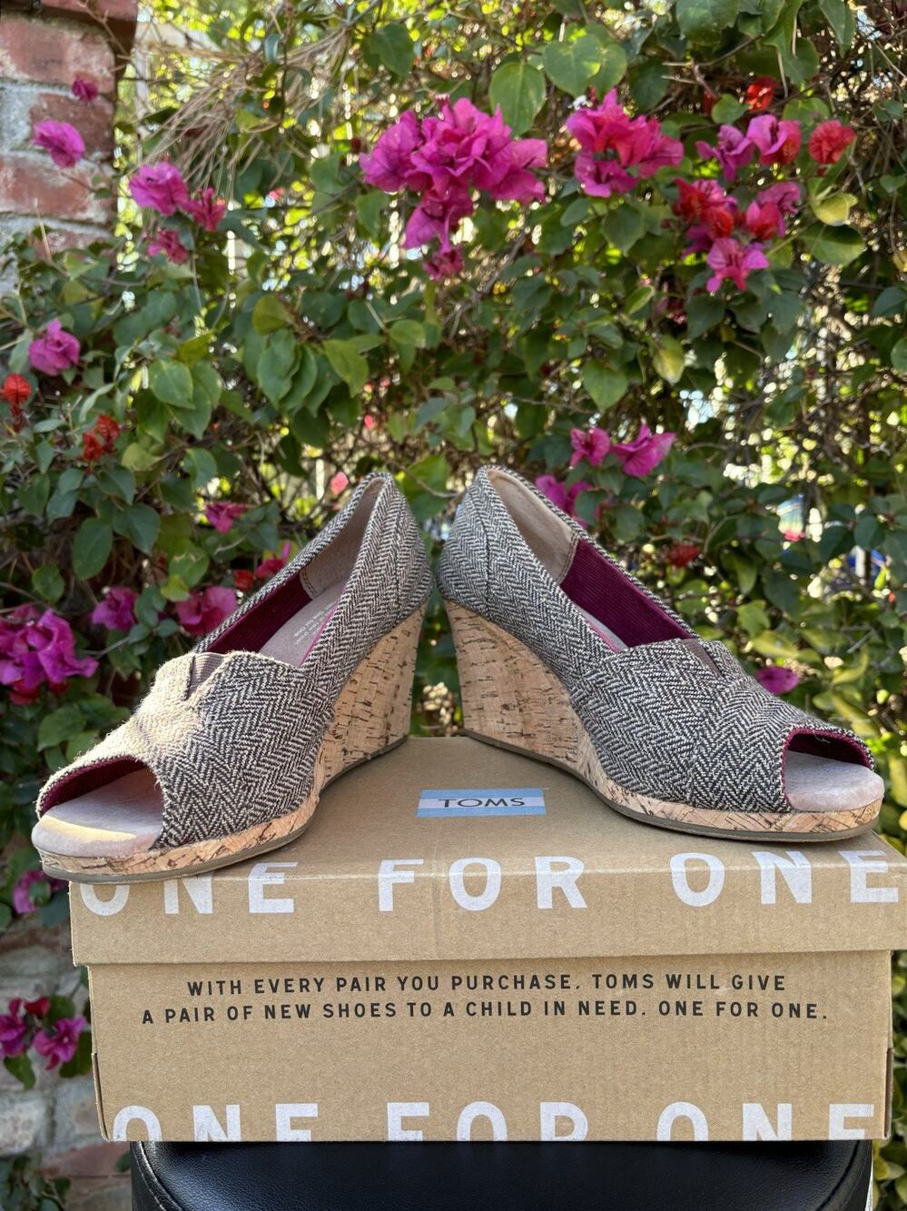 Toms Women's Tweed Cork Wedge Peep-Toe Heels with Burgundy Lining